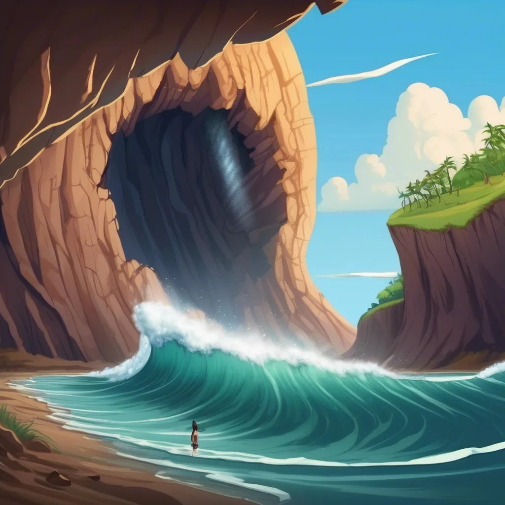 Illustrated ocean wave rolling past towering coastal cliffs toward a small figure on the beach