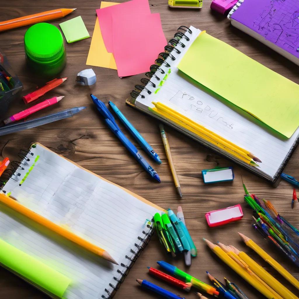 Wooden desk cluttered with notebooks, pens, pencils, highlighters and sticky notes