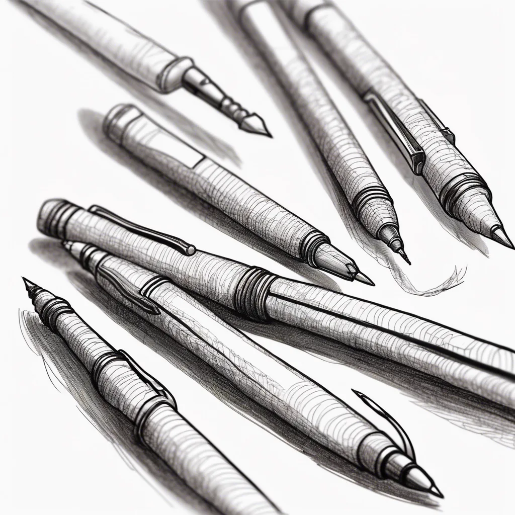 A pencil sketch of several pens and mechanical pencils