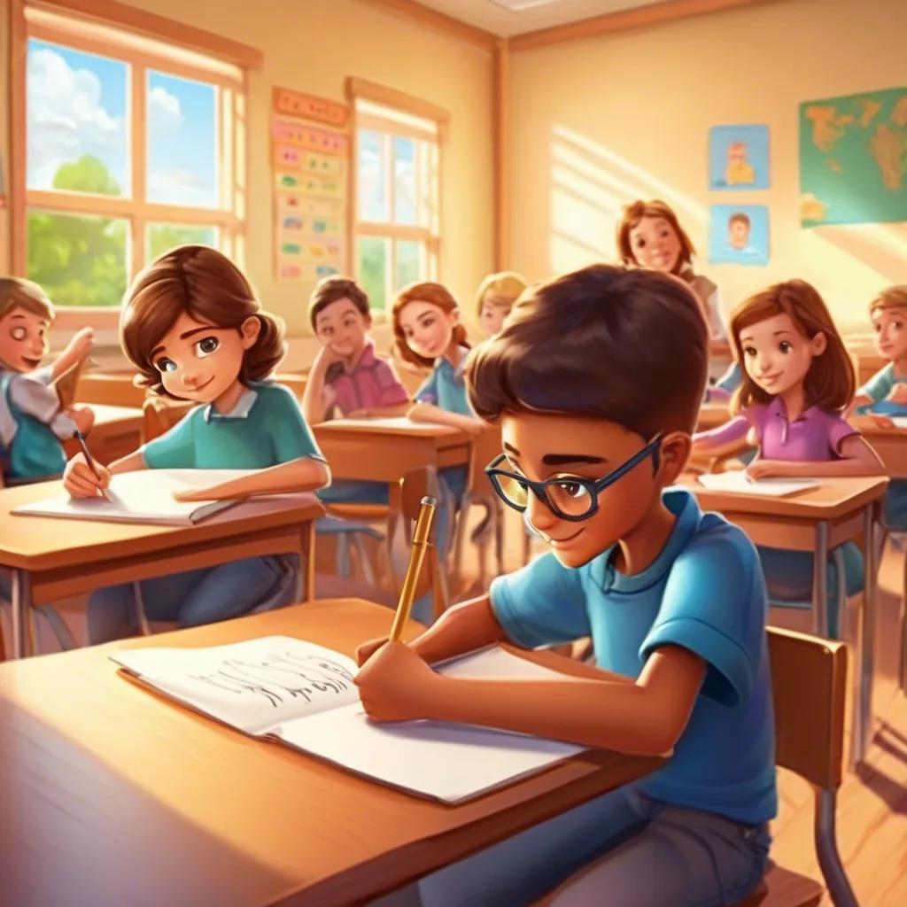 Illustrated boy in glasses writing in a notebook at his desk in a bright classroom