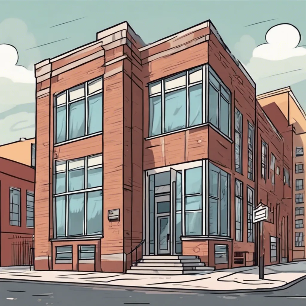 Illustrated red-brick school building on a city street corner