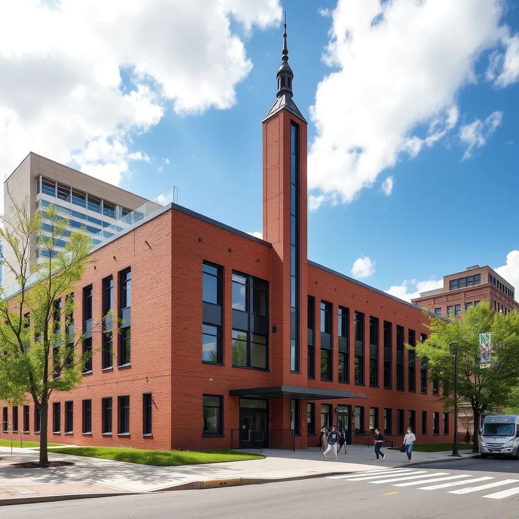 Red brick school building with a tall central tower on a city street