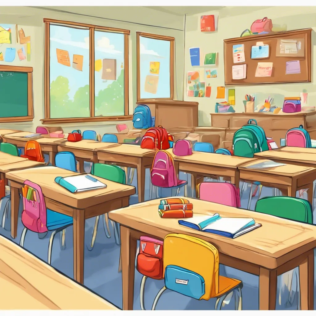Cartoon classroom with empty desks, colorful backpacks, and a chalkboard