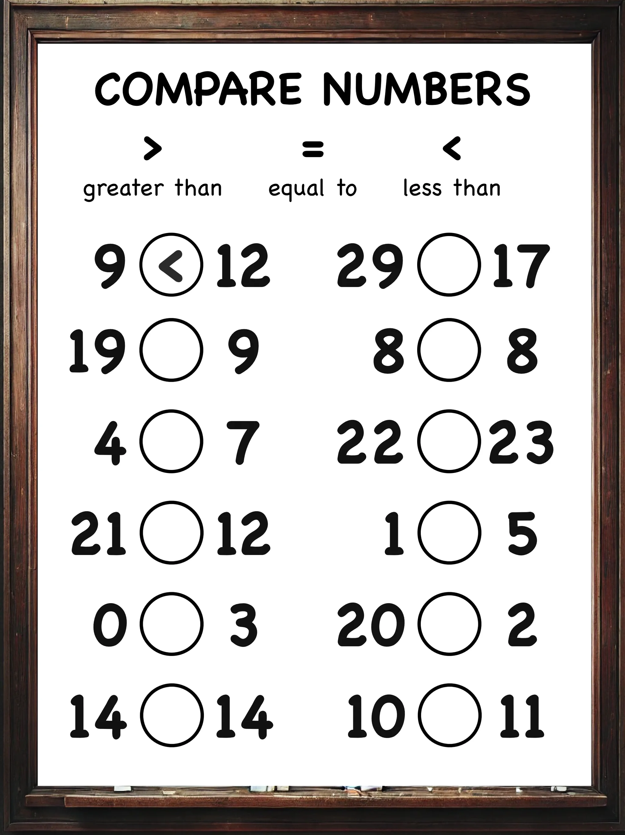 Black and white printable compare numbers worksheet with number pairs and blank circles