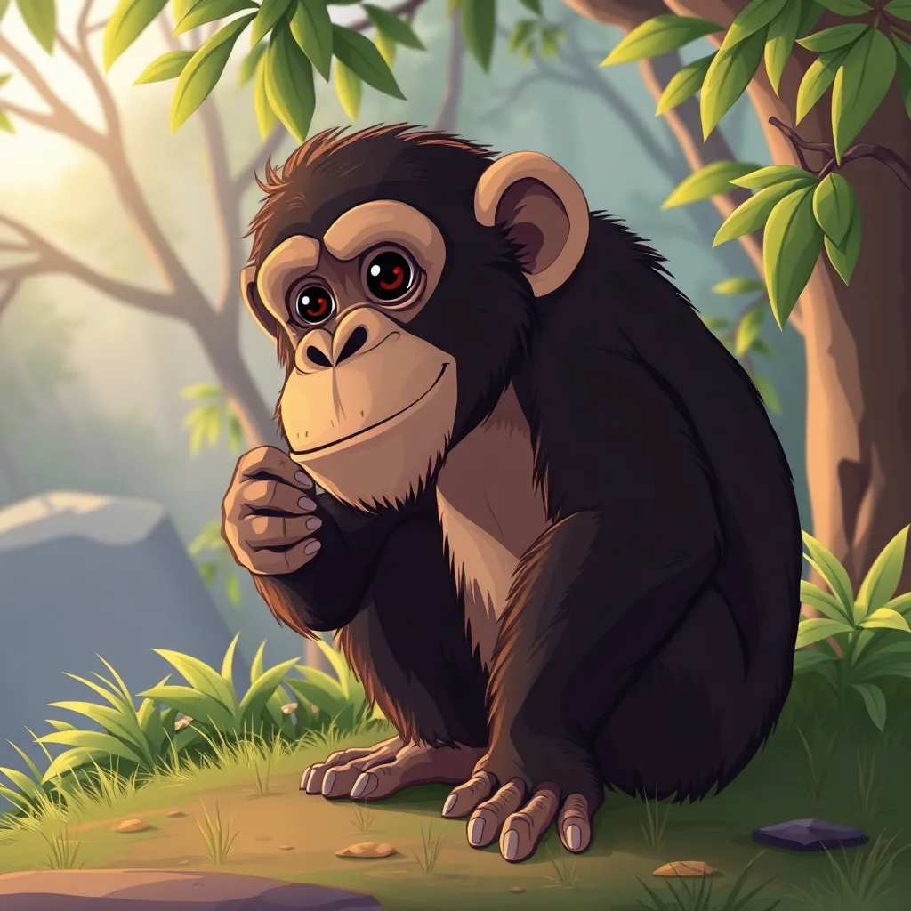 Cartoon chimpanzee sitting under a tree in a sunlit forest