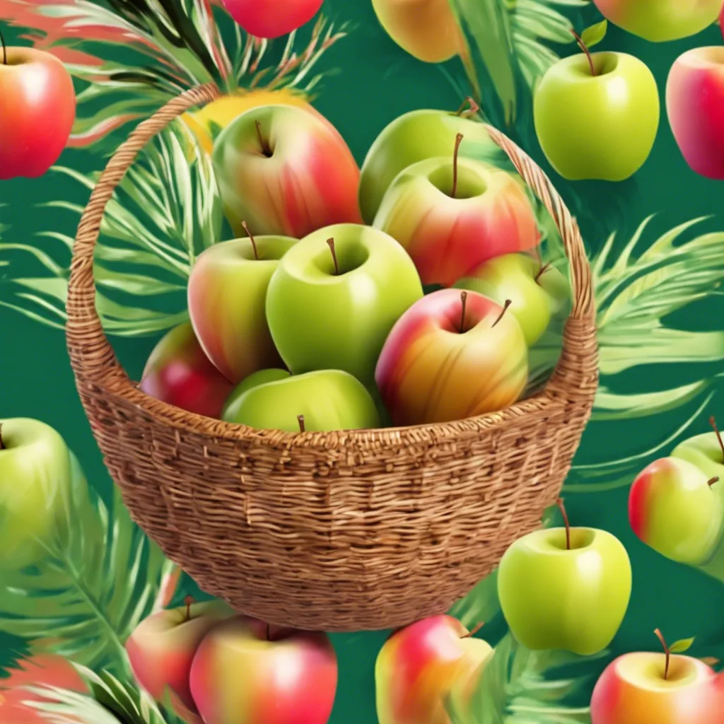 A woven basket full of red and green apples on a leafy green background