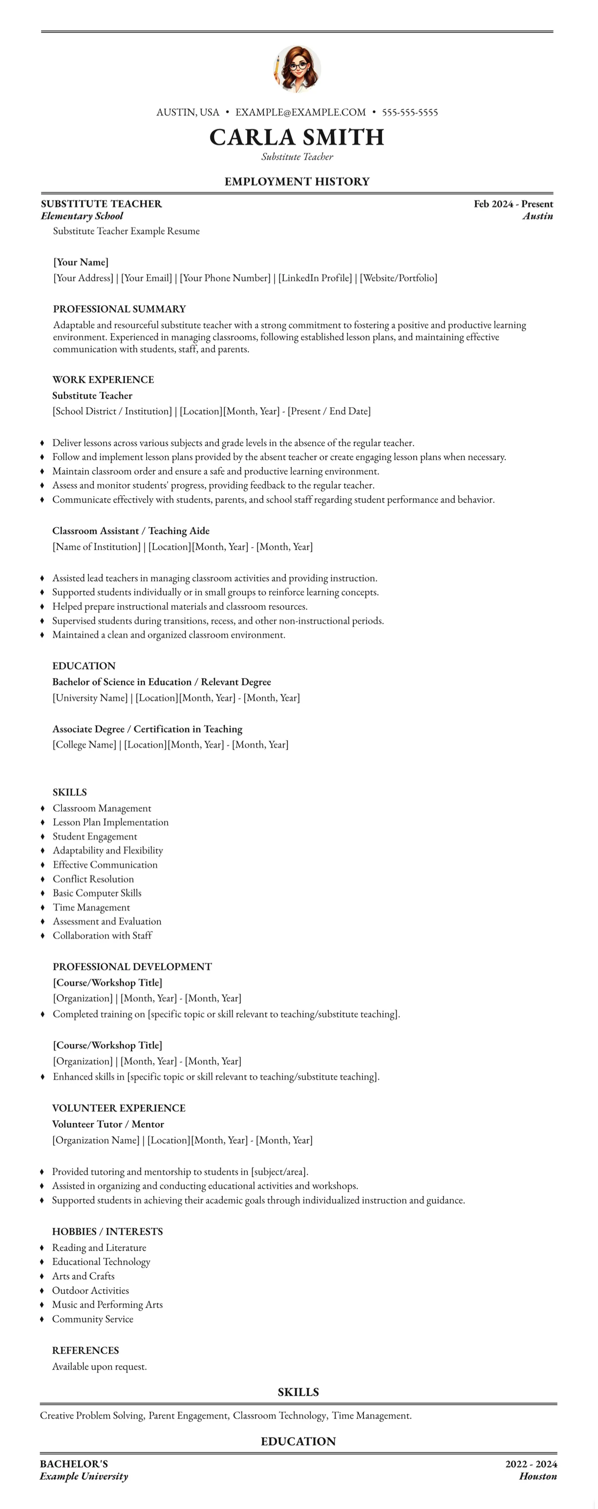 A substitute teacher resume template with sections for experience and skills