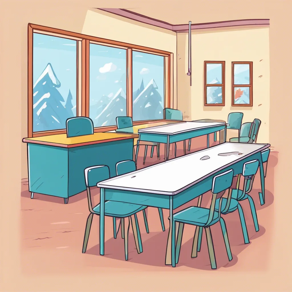 Empty cartoon classroom with desks and chairs beside windows overlooking snowy mountains