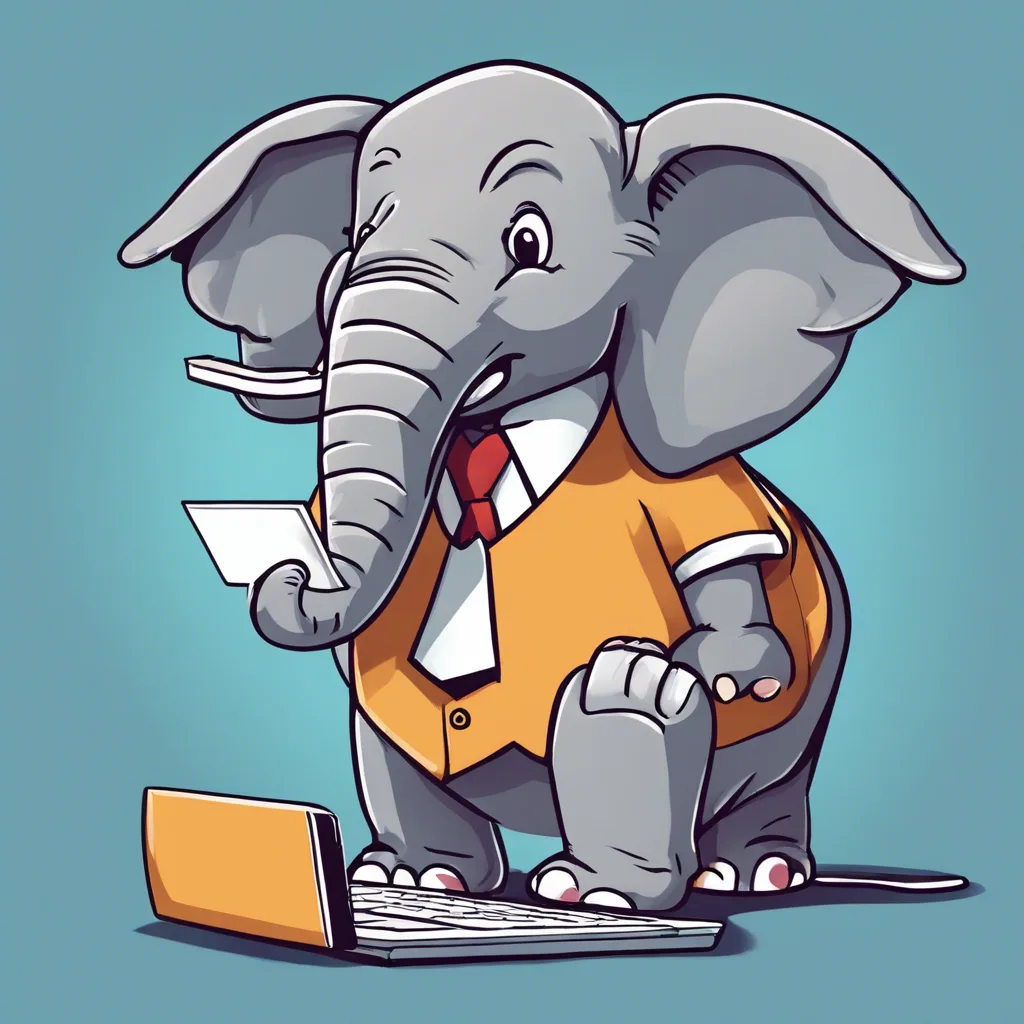 Cartoon elephant in a shirt and tie reading a card beside a laptop